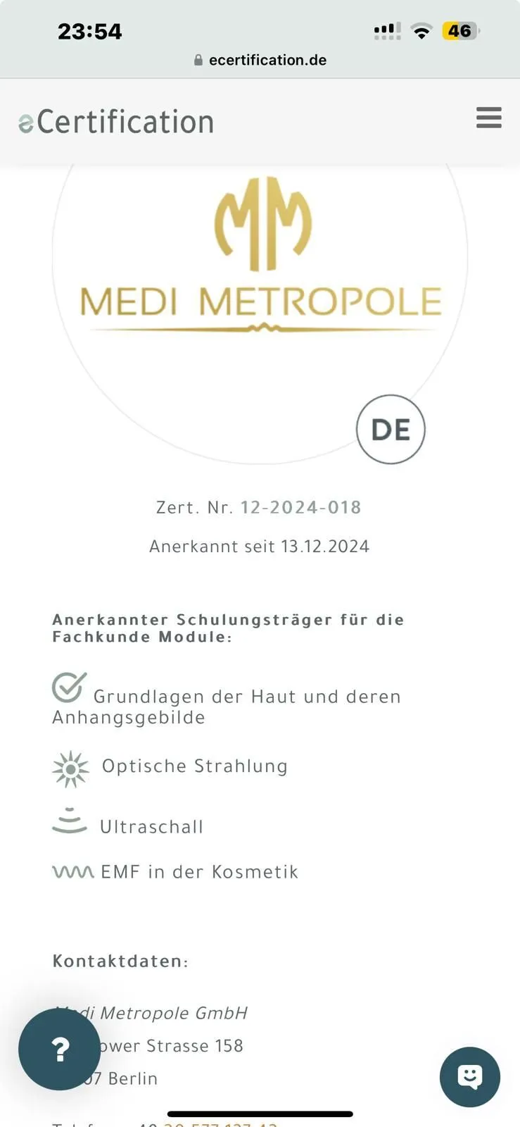 urde die ecertification schon von Frau Lorenz informiert?